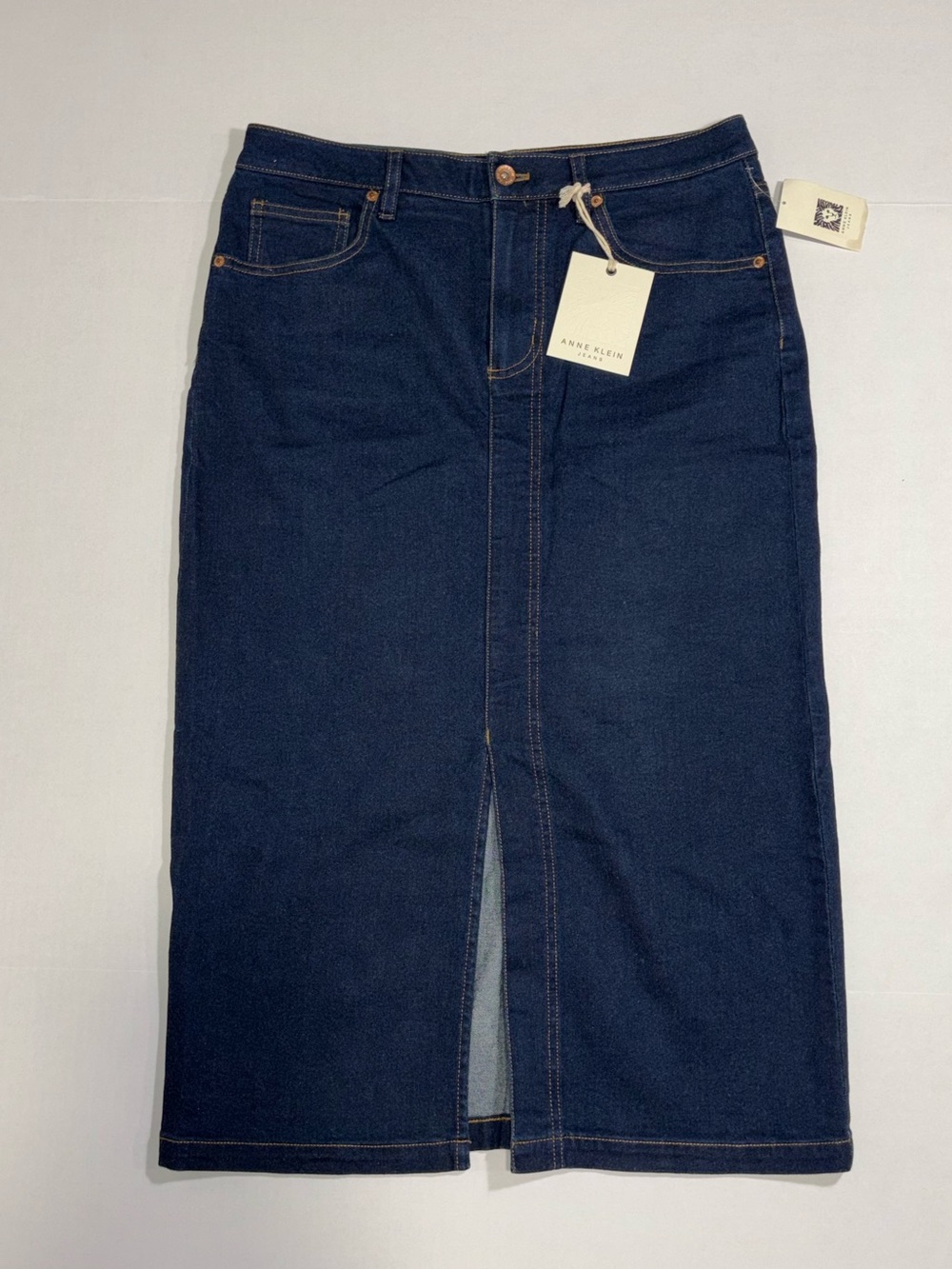 Anne Klein Dark Blue Denim Jean Midi Skirt Straight Pencil Size 6 Women's